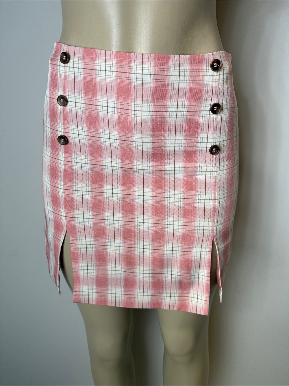 Pink Plaid Mini Skirt with Side Buttons
